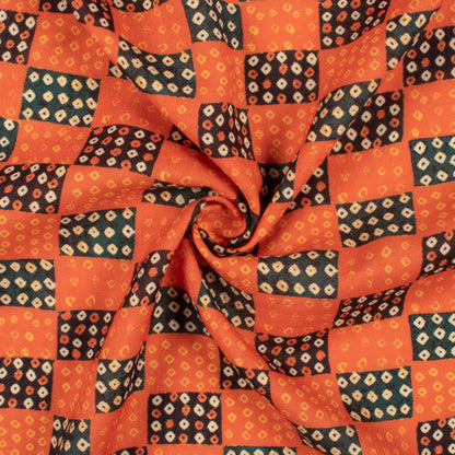 Salamander Orange And Corn Yellow Bandhanii Pattern Digital Print Linen Textured Fabric (Width 56 Inches)