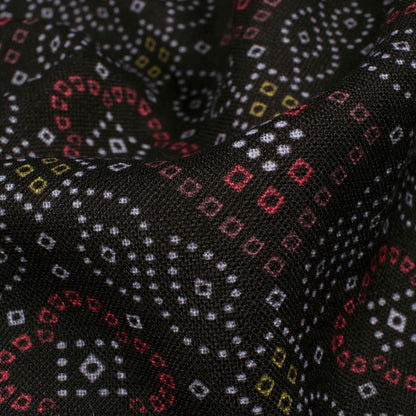Black And Blood Red Bandhanii Pattern Digital Print Linen Textured Fabric (Width 56 Inches)