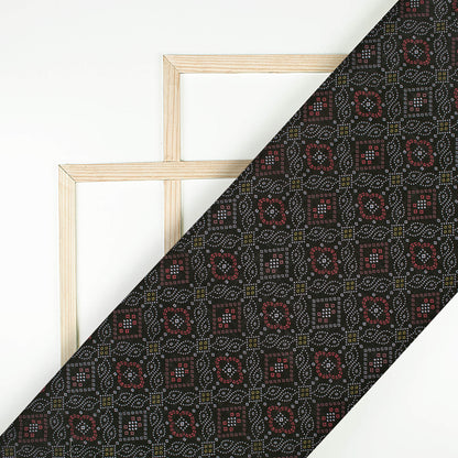 Black And Blood Red Bandhanii Pattern Digital Print Linen Textured Fabric (Width 56 Inches)