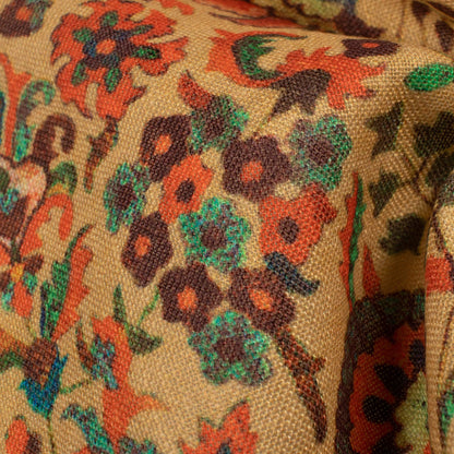Ochre Yellow And Orange Floral Pattern Digital Print Linen Textured Fabric (Width 56 Inches)