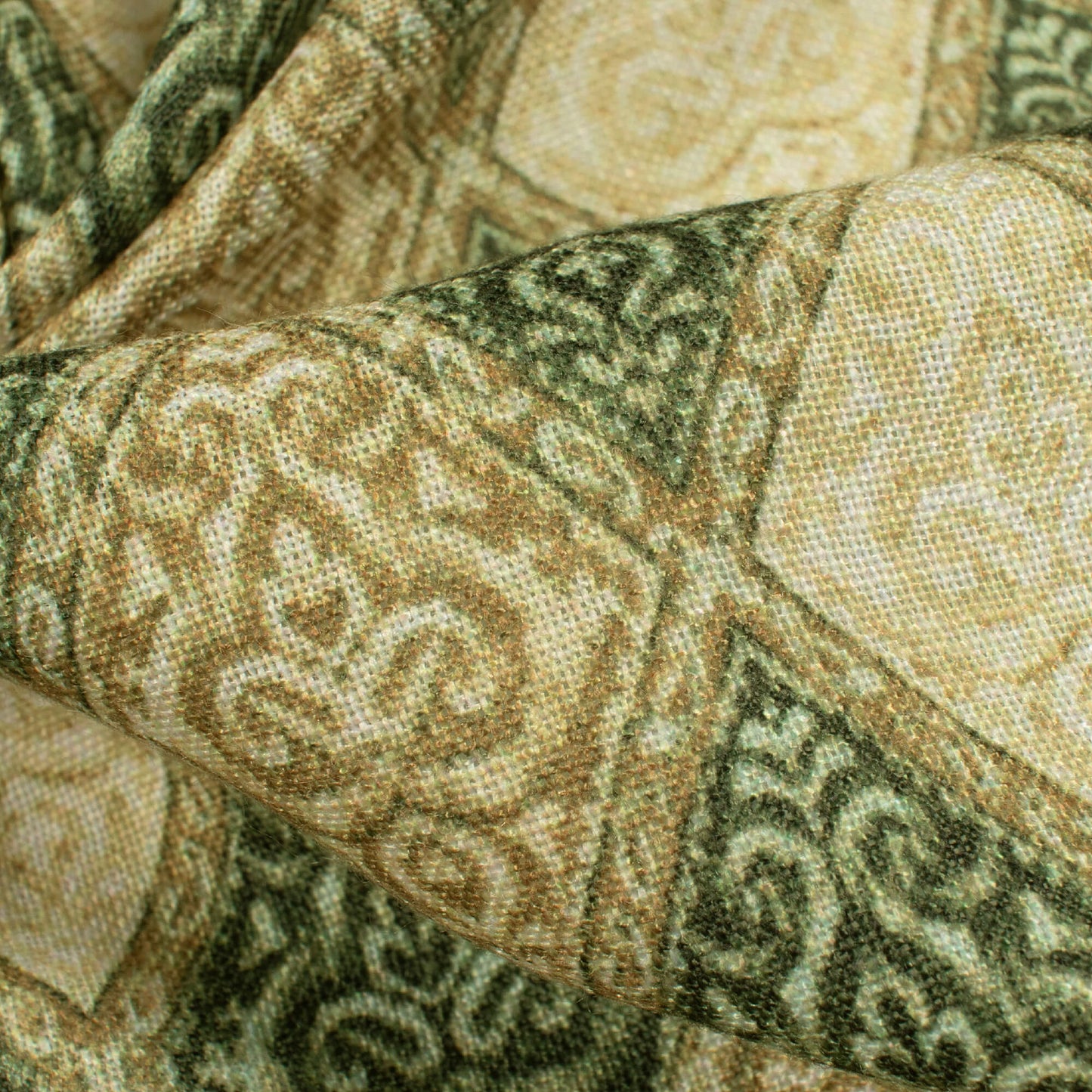 Olive Green Traditional Pattern Digital Print Linen Textured Fabric (Width 56 Inches)