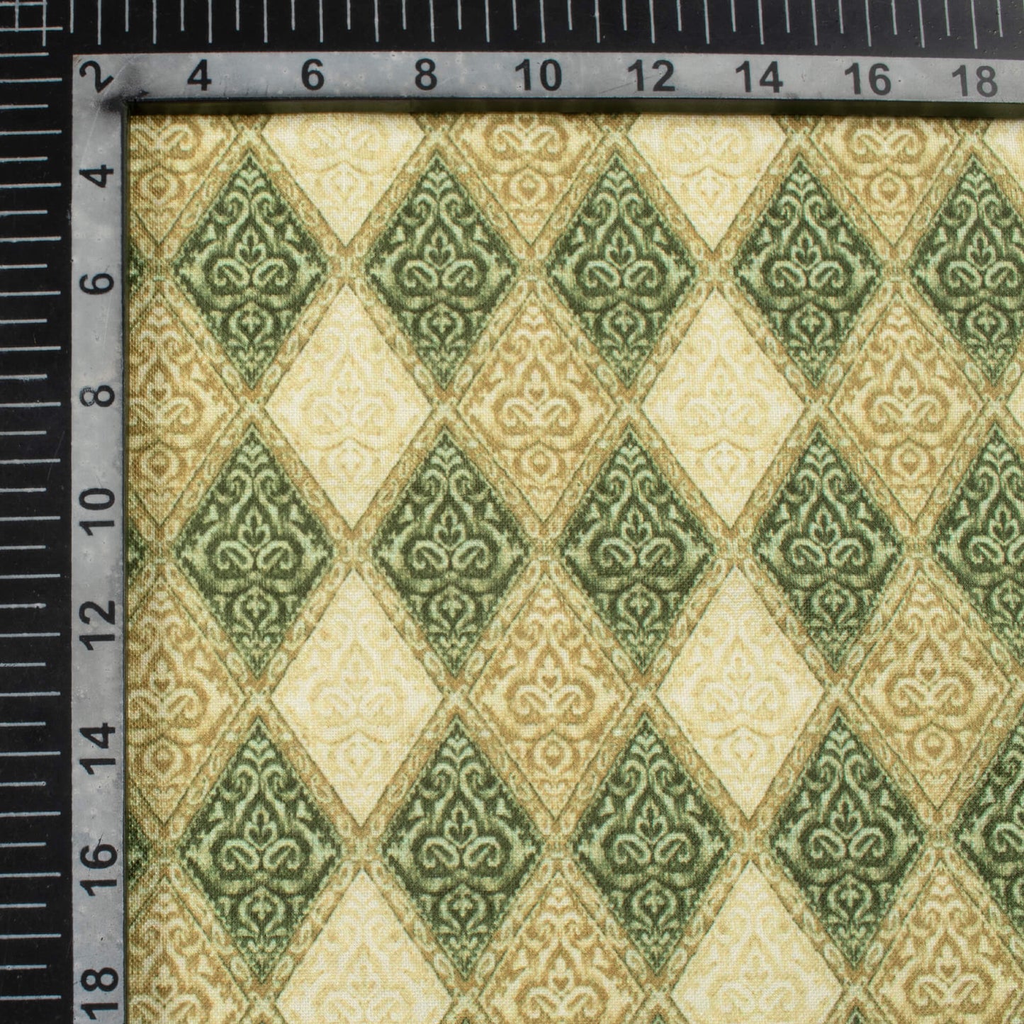Olive Green Traditional Pattern Digital Print Linen Textured Fabric (Width 56 Inches)