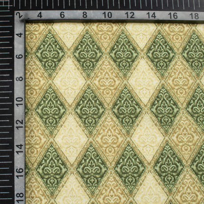 Olive Green Traditional Pattern Digital Print Linen Textured Fabric (Width 56 Inches)