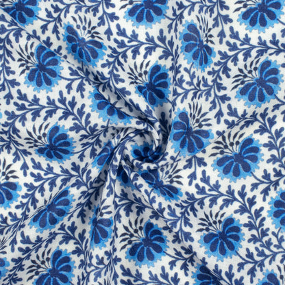 Blue And White Indiigo Pattern Digital Print Linen Textured Fabric (Width 56 Inches)