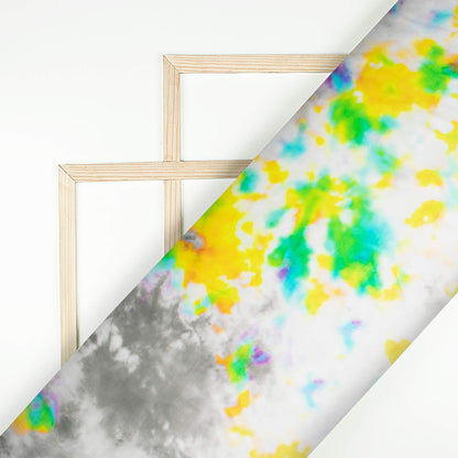 White And Yellow Tye And Dye Pattern Digital Print Viscose Gaji Silk Fabric