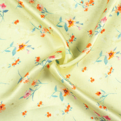 Lemon Yellow And Orange Floral Pattern Digital Print Viscose Gaji Silk Fabric