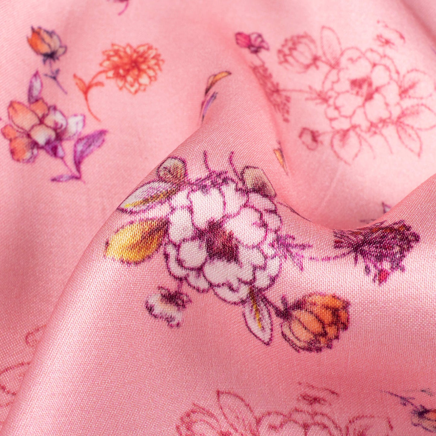 Flamingo Pink And Purple Floral Pattern Digital Print Viscose Gaji Silk Fabric