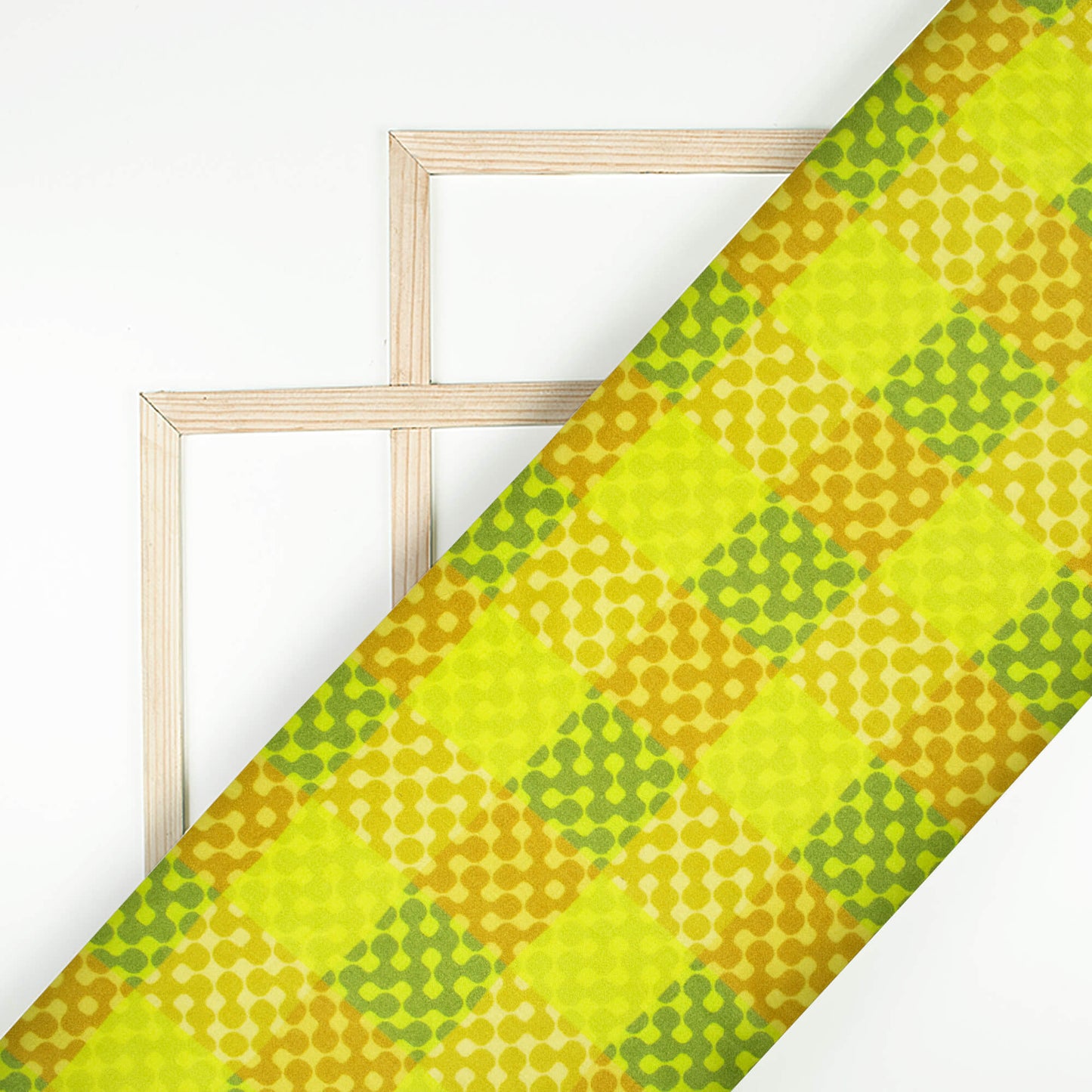 Earls Green And Olive Green Geometric Pattern Digital Print Viscose Gaji Silk Fabric