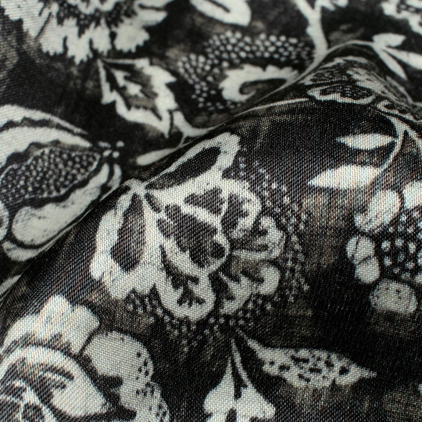 Black And White Floral Pattern Digital Print Viscose Gaji Silk Fabric