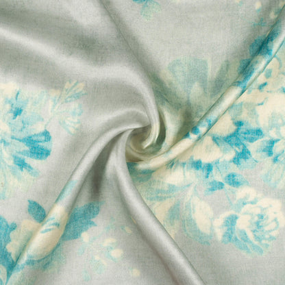 Dolphin Grey And Blue Floral Pattern Digital Print Viscose Gaji Silk Fabric