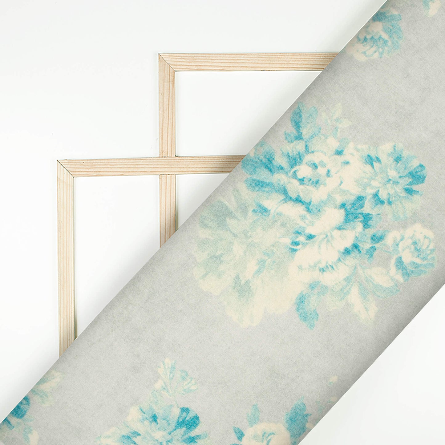 Dolphin Grey And Blue Floral Pattern Digital Print Viscose Gaji Silk Fabric