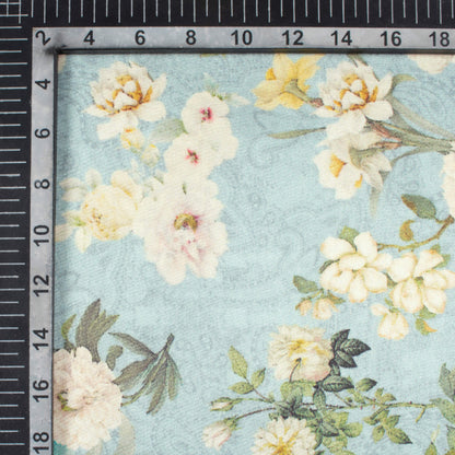 Stone Blue And Cream Floral Pattern Digital Print Viscose Gaji Silk Fabric