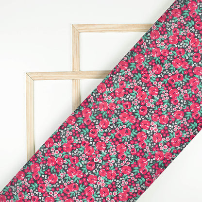 Dark Pink And Pine Green Floral Pattern Digital Print Viscose Gaji Silk Fabric