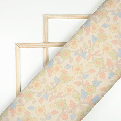 Oat Beige And Blush Red Kalamkrii Pattern Digital Print Viscose Gaji Silk Fabric
