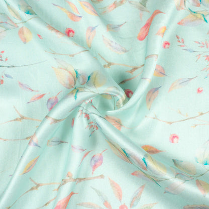 Blizzard Blue And Red Leaf Pattern Digital Print Viscose Gaji Silk Fabric