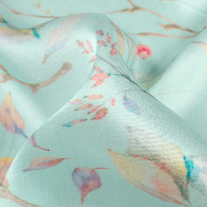 Blizzard Blue And Red Leaf Pattern Digital Print Viscose Gaji Silk Fabric