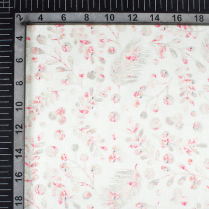 White And Pink Leaf Pattern Digital Print Viscose Gaji Silk Fabric