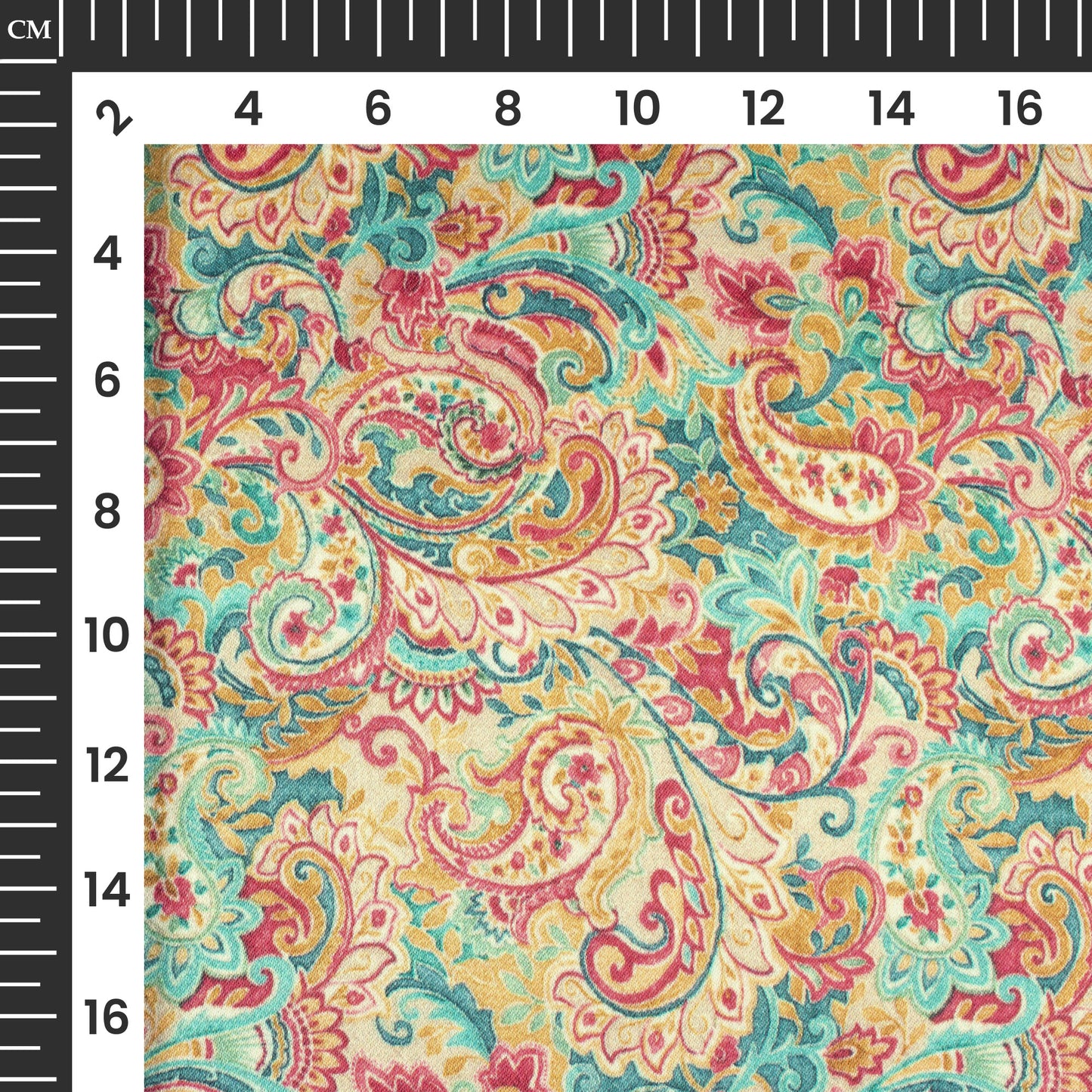 Red And Sea Green Paisley Pattern Digital Print Viscose Gaji Silk Fabric