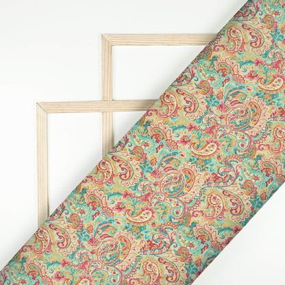Red And Sea Green Paisley Pattern Digital Print Viscose Gaji Silk Fabric