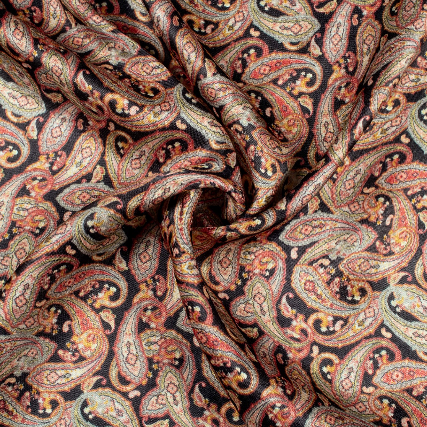 Black And Red Paisley Pattern Digital Print Viscose Gaji Silk Fabric