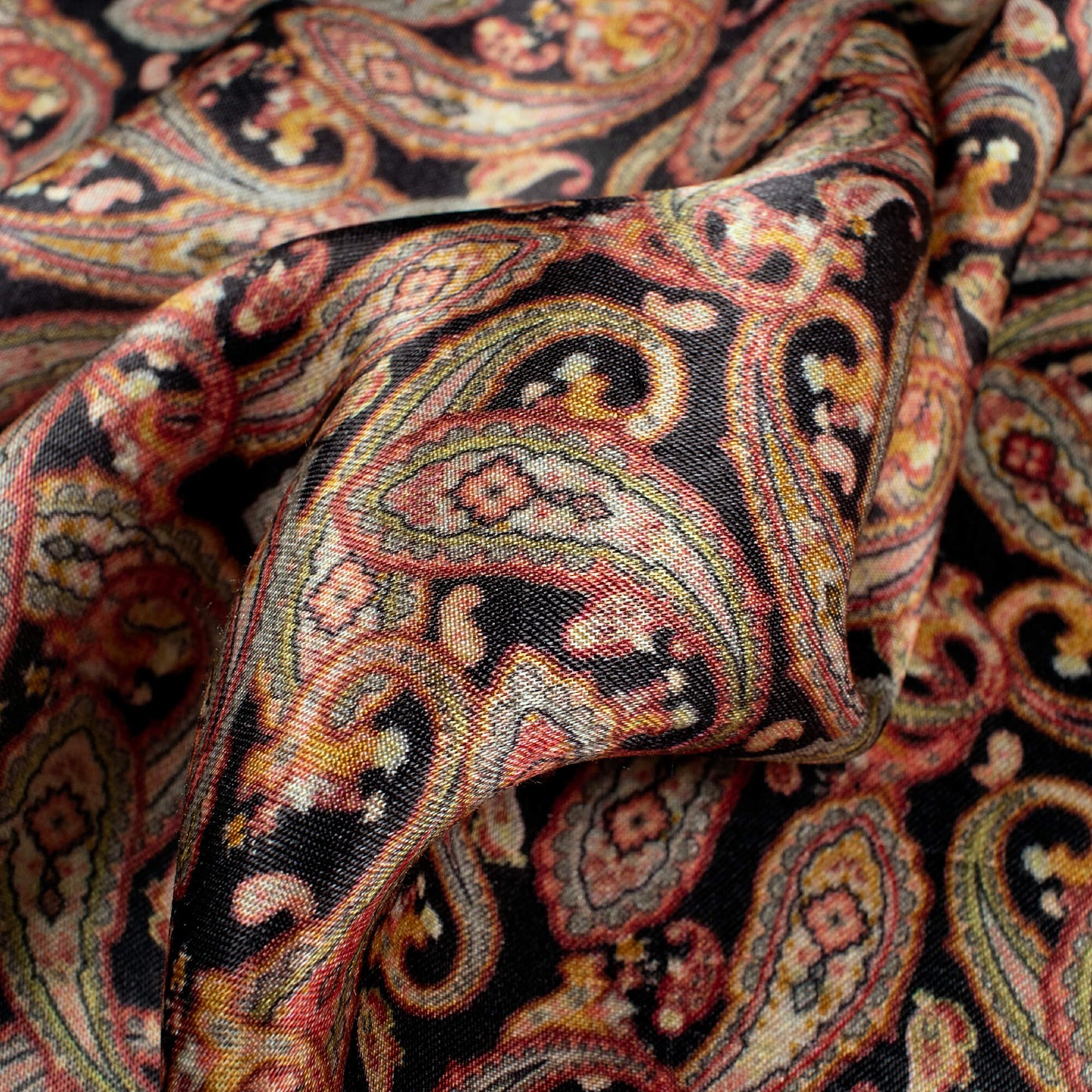 Black And Red Paisley Pattern Digital Print Viscose Gaji Silk Fabric