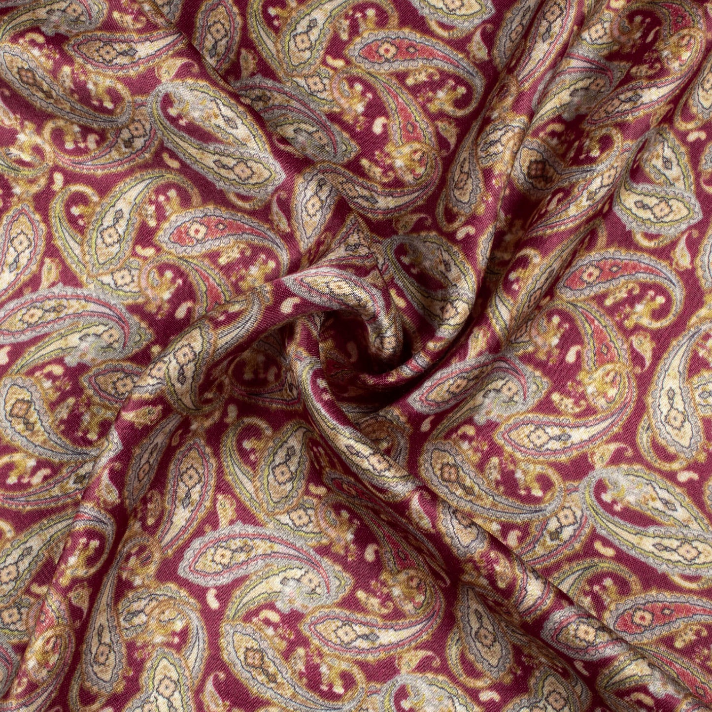 Mehogany Red And Tea Green Paisley Pattern Digital Print Viscose Gaji Silk Fabric