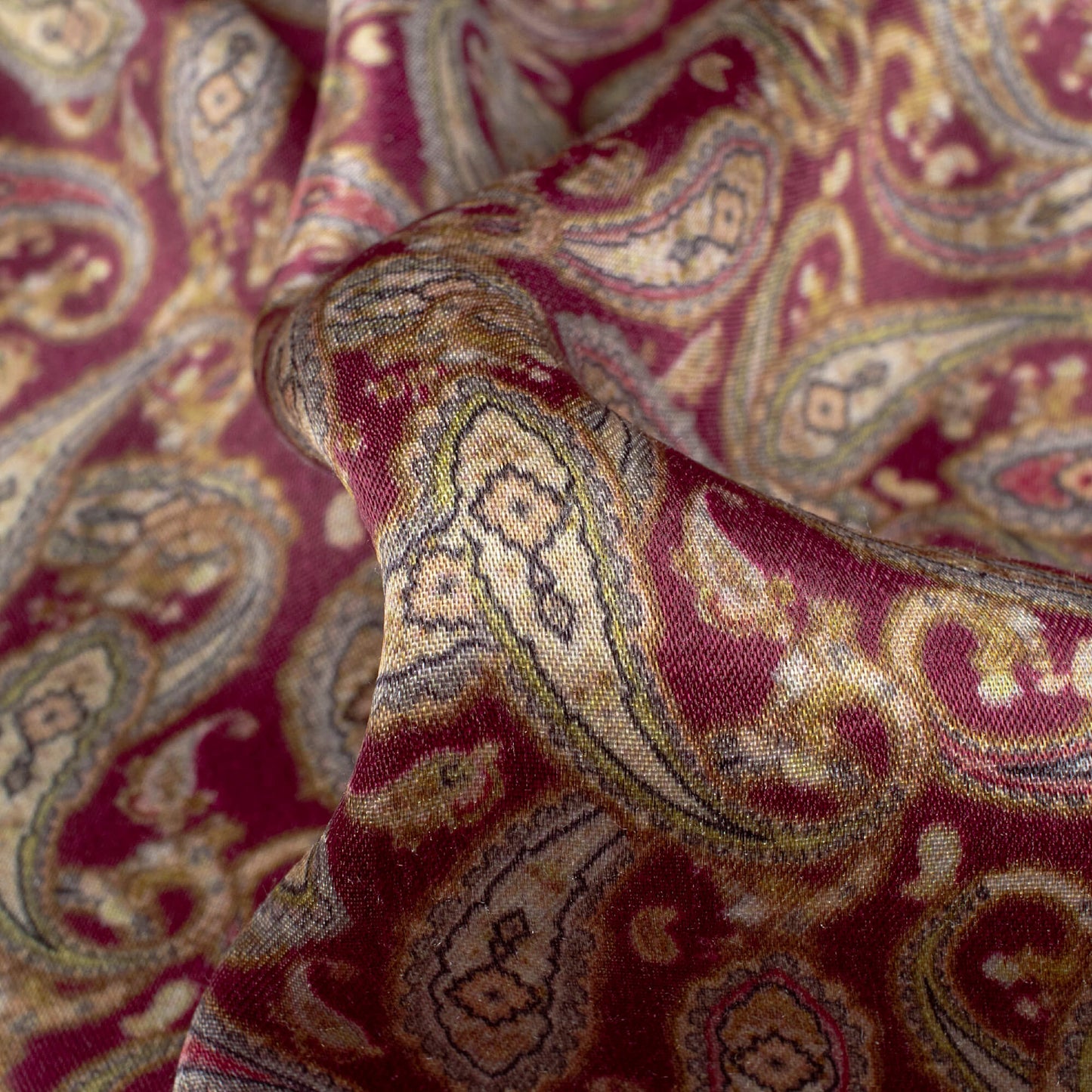 Mehogany Red And Tea Green Paisley Pattern Digital Print Viscose Gaji Silk Fabric
