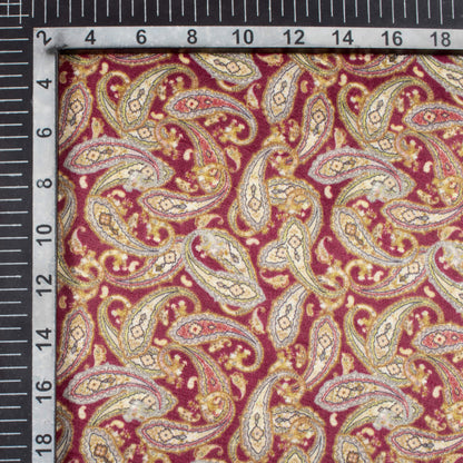 Mehogany Red And Tea Green Paisley Pattern Digital Print Viscose Gaji Silk Fabric