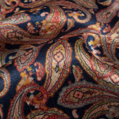 Navy Blue And Red Paisley Pattern Digital Print Viscose Gaji Silk Fabric