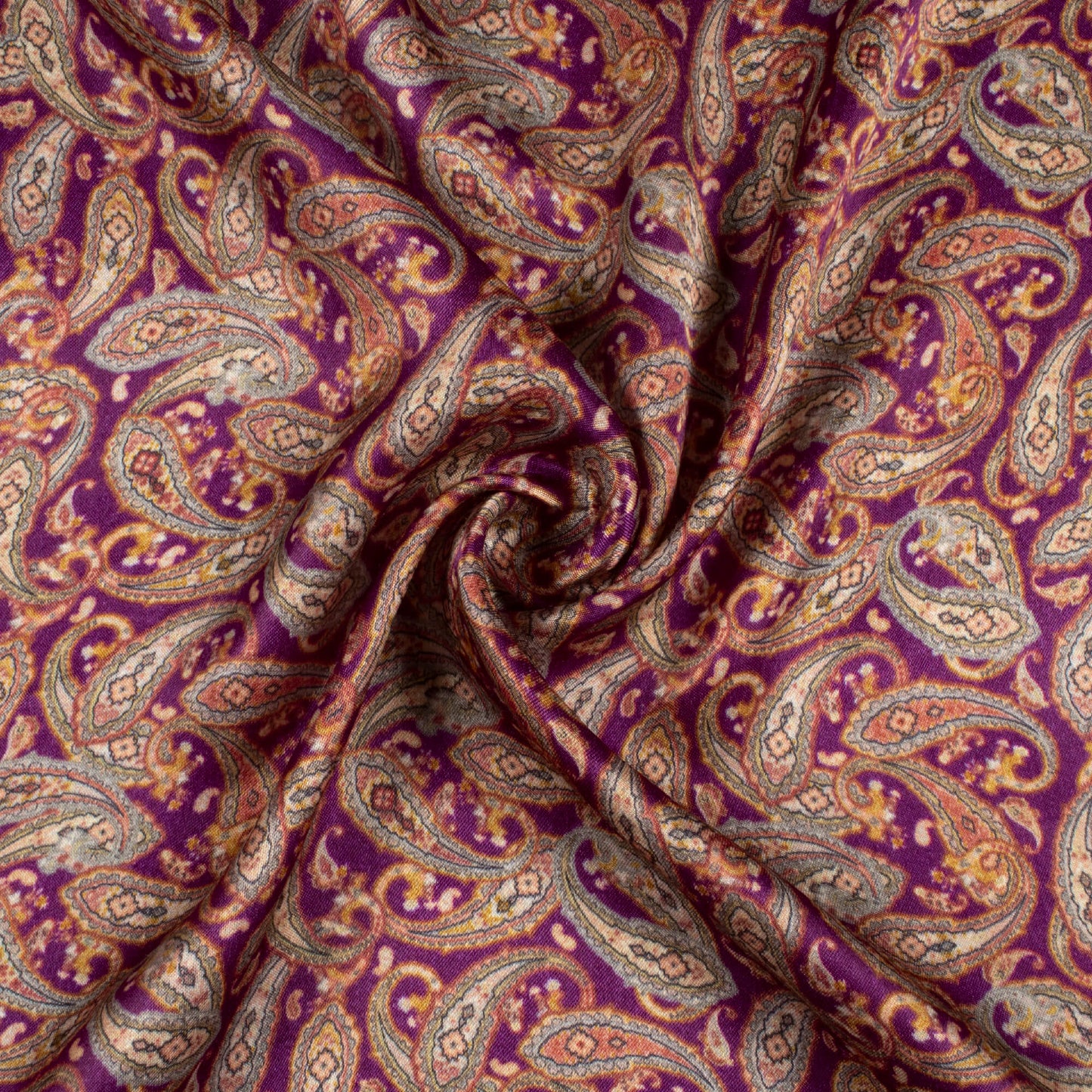 Mulberry Purple And Tea Green Paisley Pattern Digital Print Viscose Gaji Silk Fabric