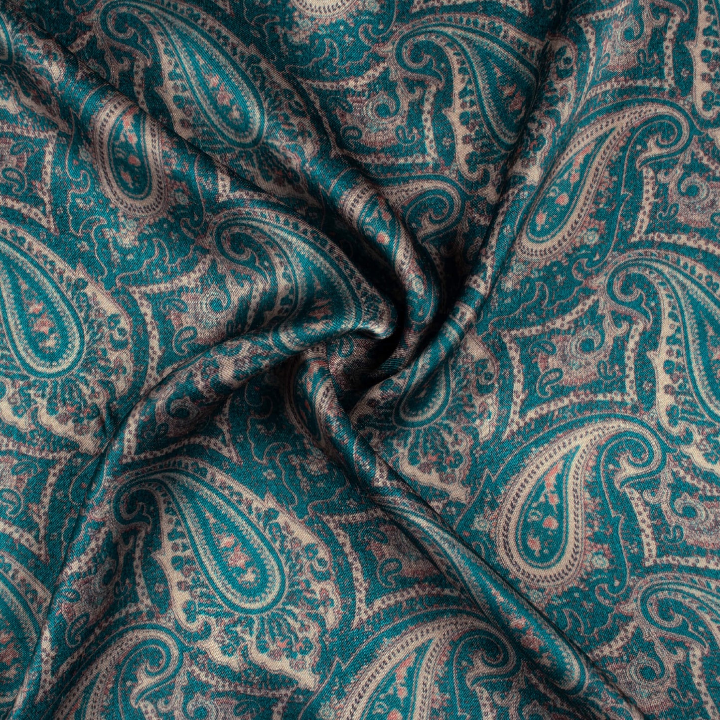 Dark Aquamarine Blue And Tea Green Paisley Pattern Digital Print Viscose Gaji Silk Fabric