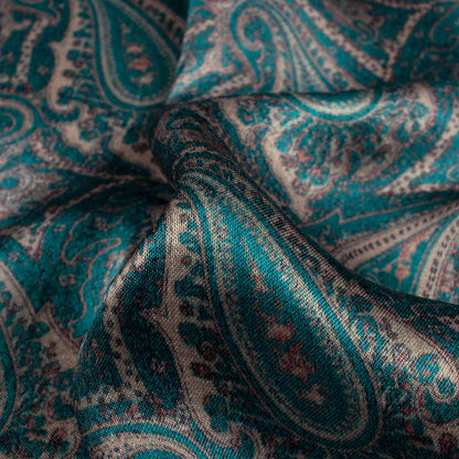 Dark Aquamarine Blue And Tea Green Paisley Pattern Digital Print Viscose Gaji Silk Fabric