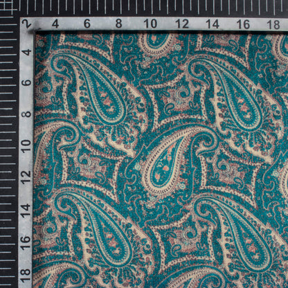 Dark Aquamarine Blue And Tea Green Paisley Pattern Digital Print Viscose Gaji Silk Fabric