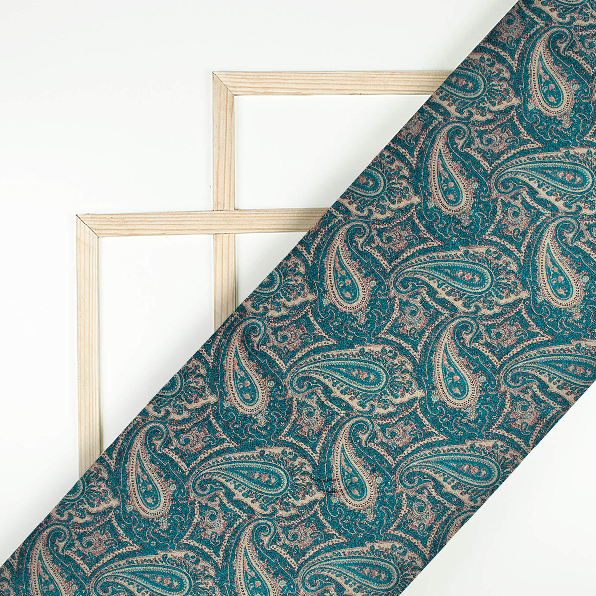 Dark Aquamarine Blue And Tea Green Paisley Pattern Digital Print Viscose Gaji Silk Fabric