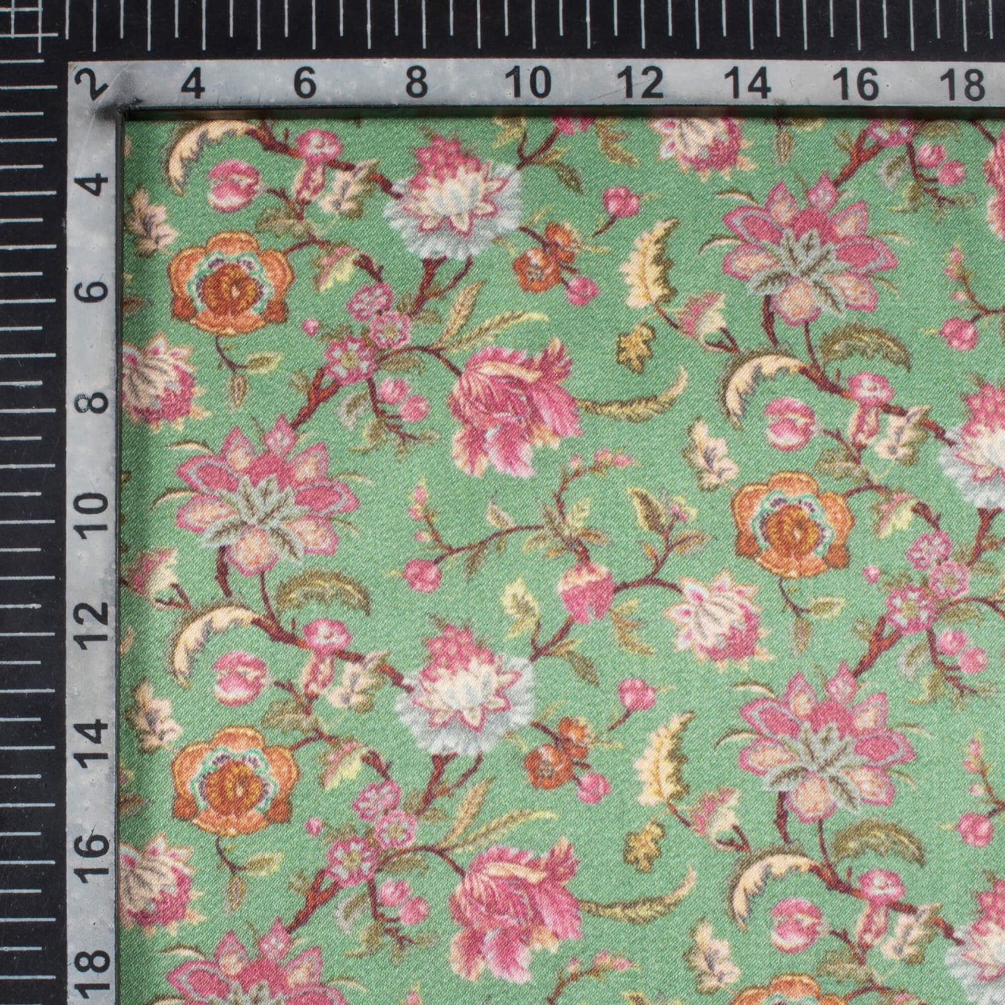 Fern Green And Pink Floral Pattern Digital Print Viscose Gaji Silk Fabric
