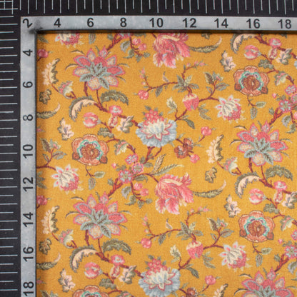 Ochre Yellow And Pink Floral Pattern Digital Print Viscose Gaji Silk Fabric