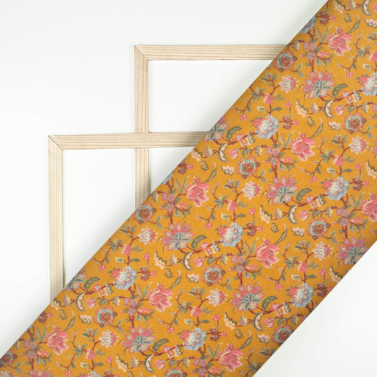 Ochre Yellow And Pink Floral Pattern Digital Print Viscose Gaji Silk Fabric