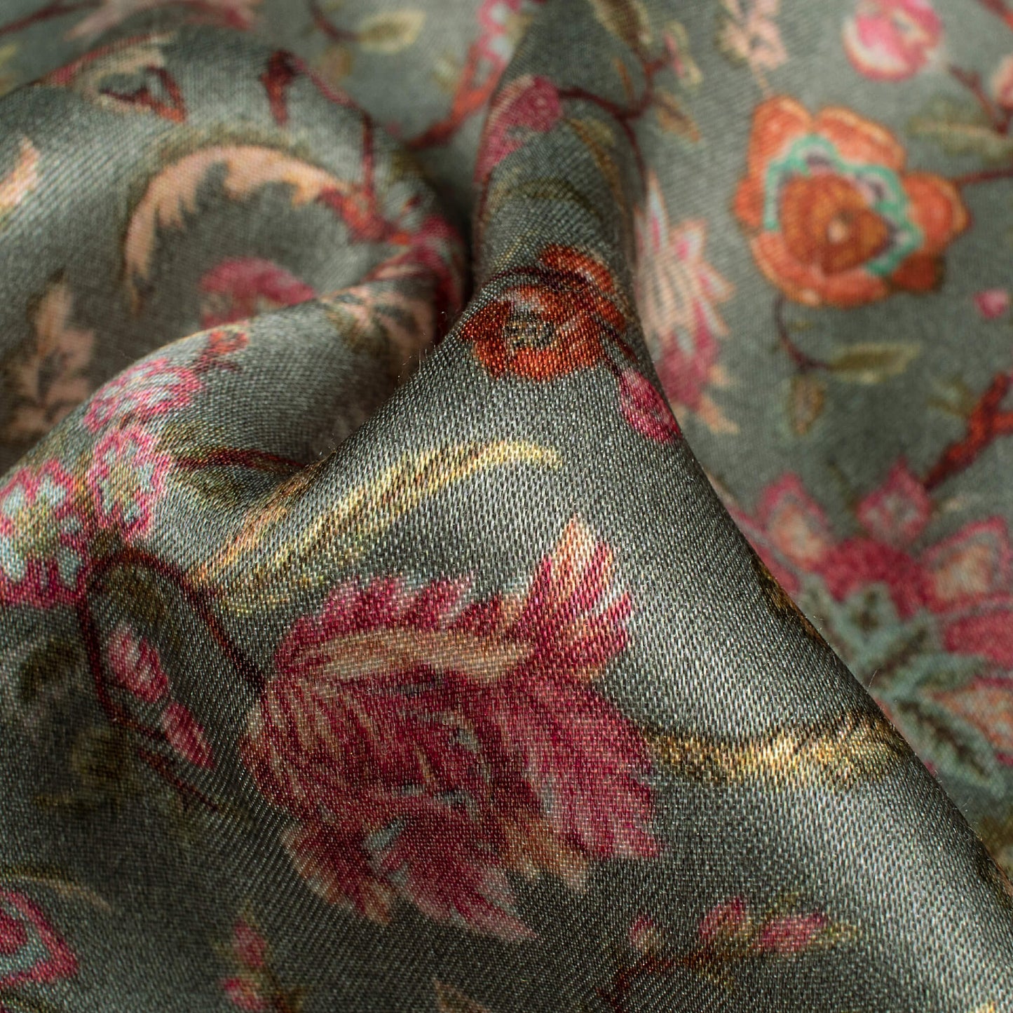 Slate Grey And Pink Floral Pattern Digital Print Viscose Gaji Silk Fabric