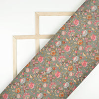 Slate Grey And Pink Floral Pattern Digital Print Viscose Gaji Silk Fabric