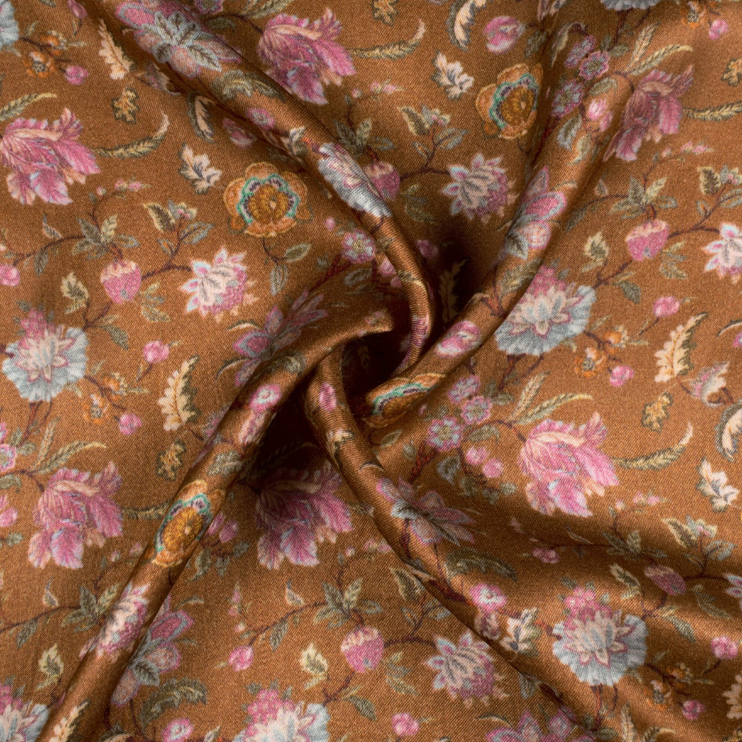 Sepia Brown And Pink Floral Pattern Digital Print Viscose Gaji Silk Fabric