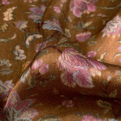 Sepia Brown And Pink Floral Pattern Digital Print Viscose Gaji Silk Fabric