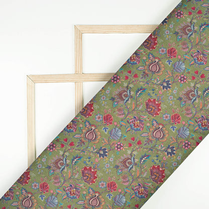 Hunter Green And Deep Pink Floral Pattern Digital Print Viscose Gaji Silk Fabric