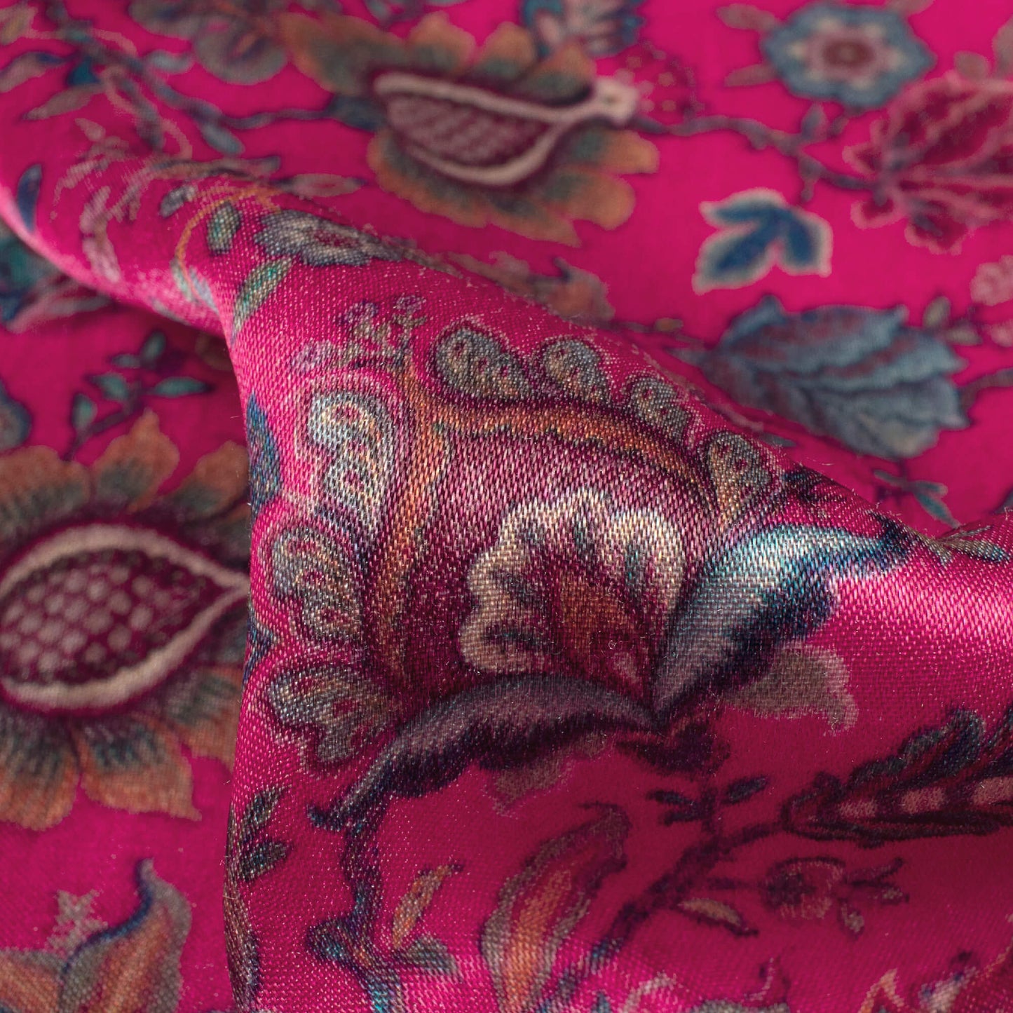 Deep Pink And Blue Floral Pattern Digital Print Viscose Gaji Silk Fabric
