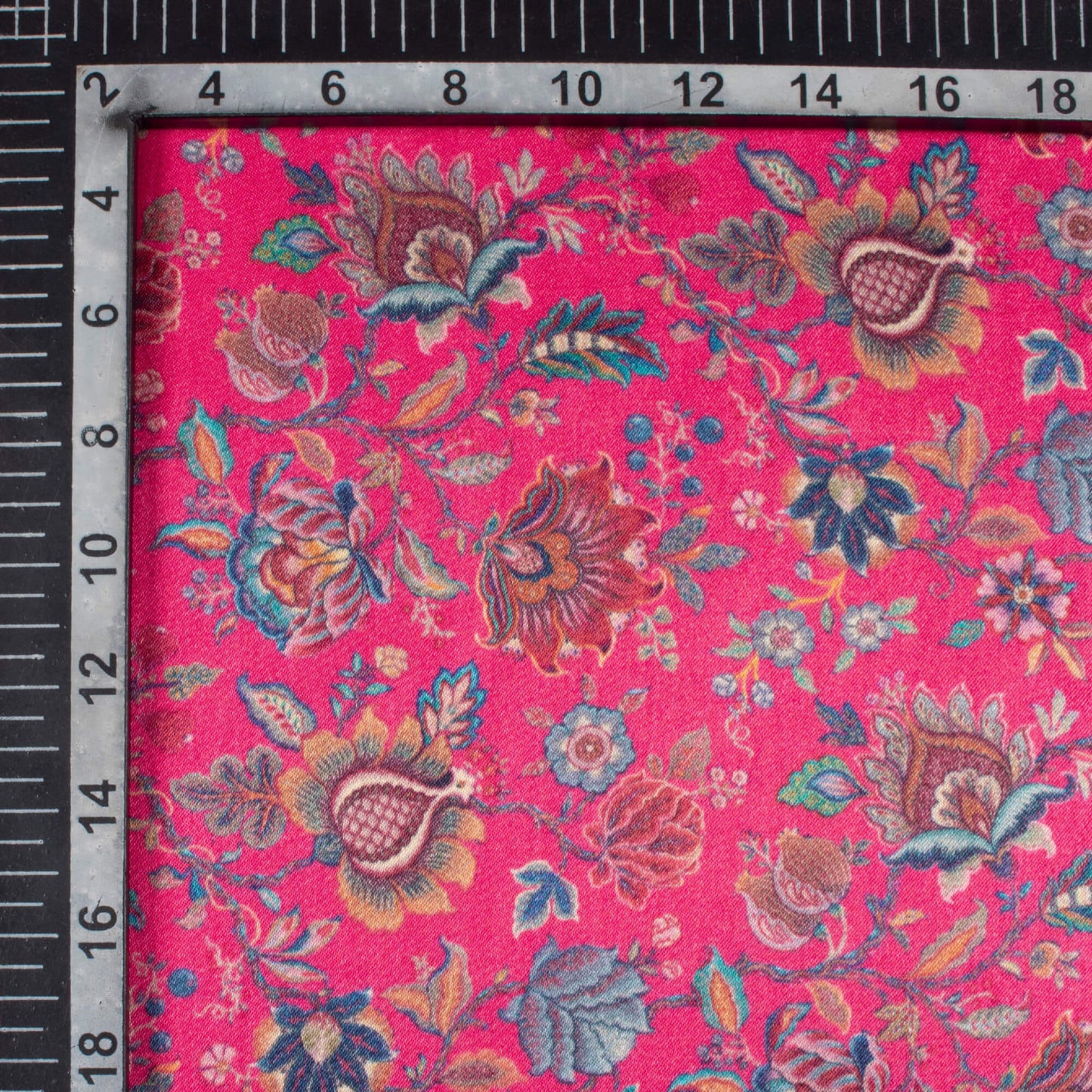 Deep Pink And Blue Floral Pattern Digital Print Viscose Gaji Silk Fabric