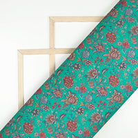 Dark Turquoise And Red Floral Pattern Digital Print Viscose Gaji Silk Fabric