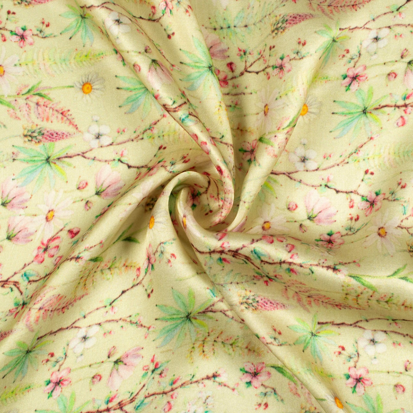 Mindaro Green And Pink Floral Pattern Digital Print Viscose Gaji Silk Fabric