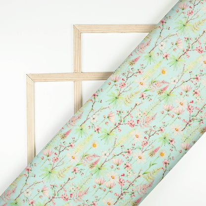 Blizzard Blue And Pink Floral Pattern Digital Print Viscose Gaji Silk Fabric