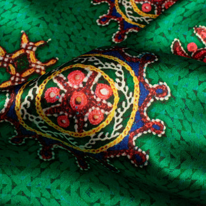 Forest Green And Punch Pink Gamthee Pattern Digital Print Japan Satin Fabric