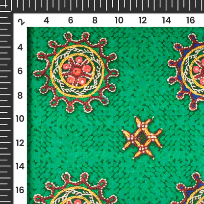 Forest Green And Punch Pink Gamthee Pattern Digital Print Japan Satin Fabric