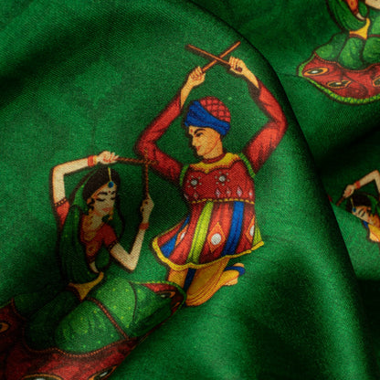 Deep Green And Blood Red Gamthee Pattern Digital Print Japan Satin Fabric